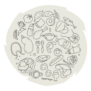 Çember 9-12 aylık çocukları karalama tarzında beslemek için ürün ve aksesuarlarla dolu. Vektör illüstrasyonu