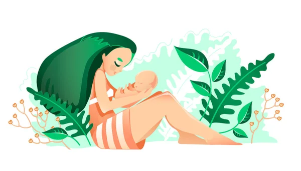 Mom Newborn Greenery Illustration Semi Flat Style — Stock Vector