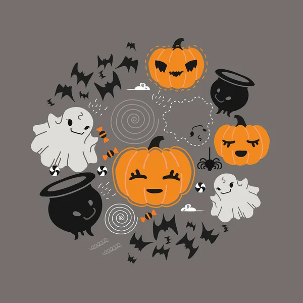 Állítsa Lapos Stílusú Halloween Tételek Tök Boszorkány Üst Pókháló Pók — Stock Vector