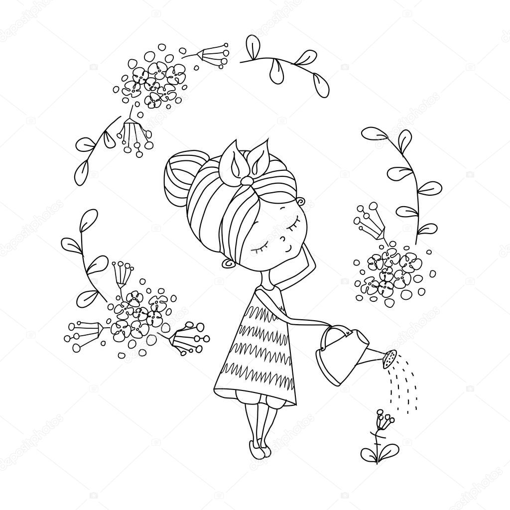 Children's illustration. Girl in a handkerchief with a watering can in a circle of hydrangea flowers and leaves. Made in doodle style, outline. Vector illustration