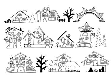 Çeşitli pencereleri, ağaçları, çalıları, çizgi film tarzı caddeleri olan bir dizi peri masalı evi. Boyama ya da iç tasarım için. Vektör illüstrasyonu