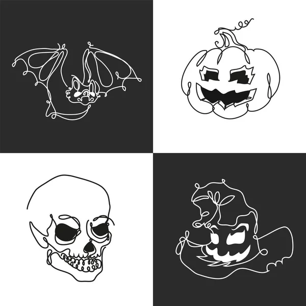 Conjunto Elementos Halloween Estilo Arte Linha Incluindo Morcego Abóbora Crânio —  Vetores de Stock