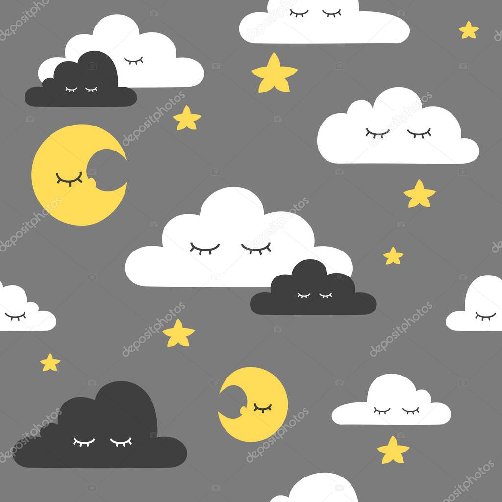 Seamless pattern of simple clouds with smiles and various additional elements on the theme of the sky. Made in a flat, minimalistic doodle style. Endless vector pattern