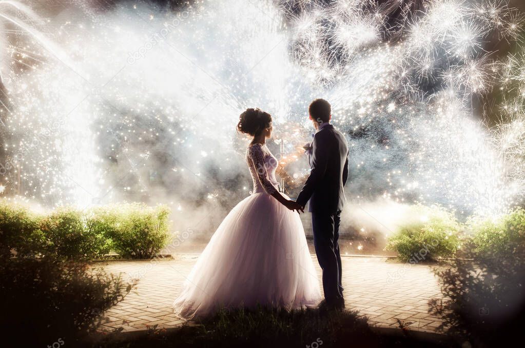 Newlyweds stand against the background of the fireworks at night