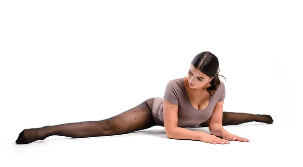 Flexible Beautiful Sporty Girl Bodysuit Doing Splits Fitness Studio White — Stock Photo, Image