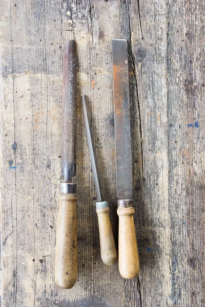 Old Dirty Metal Files Wooden Plank Tool Series — Stock Photo, Image