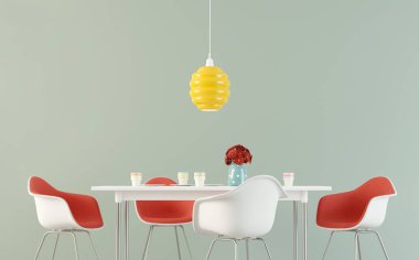 Masası olan basit bir yemek odası, boş duvarda sandalyeler ve çiçekler. 3d görüntüleme.