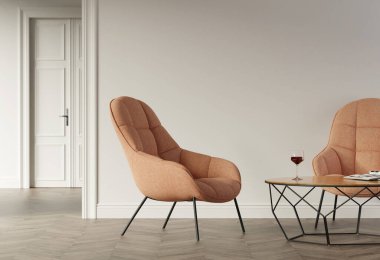 İçi masa, iki koltuk ve duvar modeliyle dolu. 3 Boyutlu resimleme.