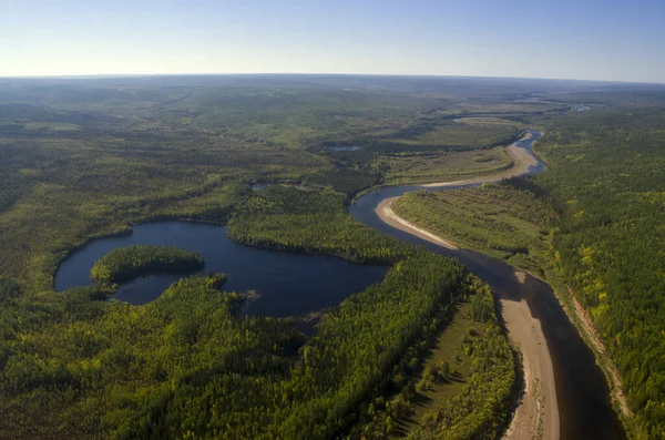 Sibirya 'nın sınırsız ormanları. İrkutsk Bölgesi 'ndeki Tunguska Nehri üzerinden uçuş