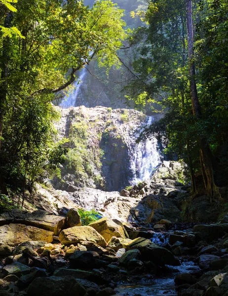 path through rainforest to a waterfall on a hot day in Phuket