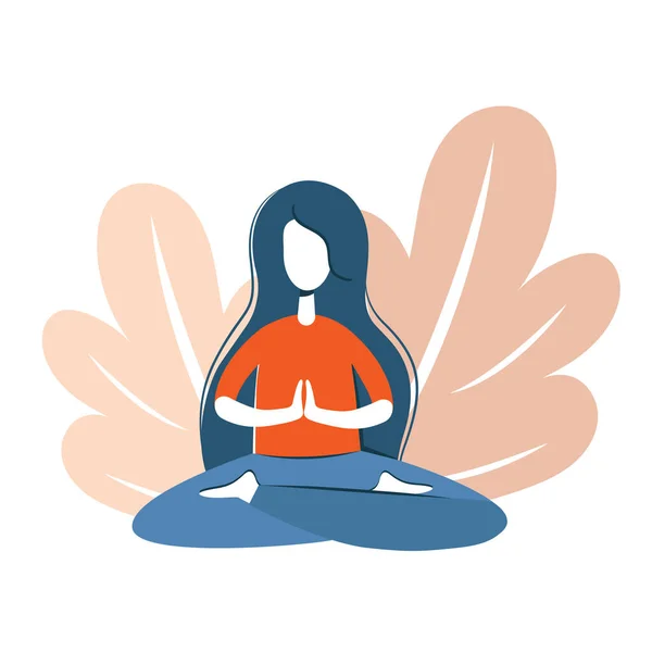 Yoga Pose Girl Sitting Meditating Asana Background Leaves Lotus Position — Stock Vector