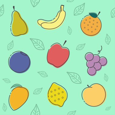 Kusursuz meyve deseni: yabanmersini, armut, muz, şeftali, üzüm, portakal, limon, elma, mango. Yeşil arka plan. Vektör baskısı.