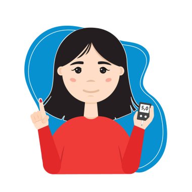 Kız kandaki glikoz seviyesini ölçüyor. Diyabet kavramı. Glukometre. İnsüline bağımlılık. Vektör illüstrasyonu.