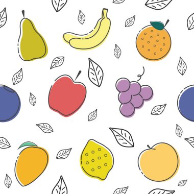 Kusursuz meyve deseni: yabanmersini, armut, muz, şeftali, üzüm, portakal, limon, elma, mango. Beyaz arka plan. Vektör baskısı.