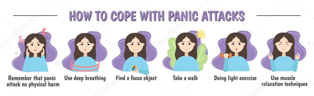 How to deal with a panic attack. How to stop anxiety and panic disorder. Psychological infographics. vector illustration.