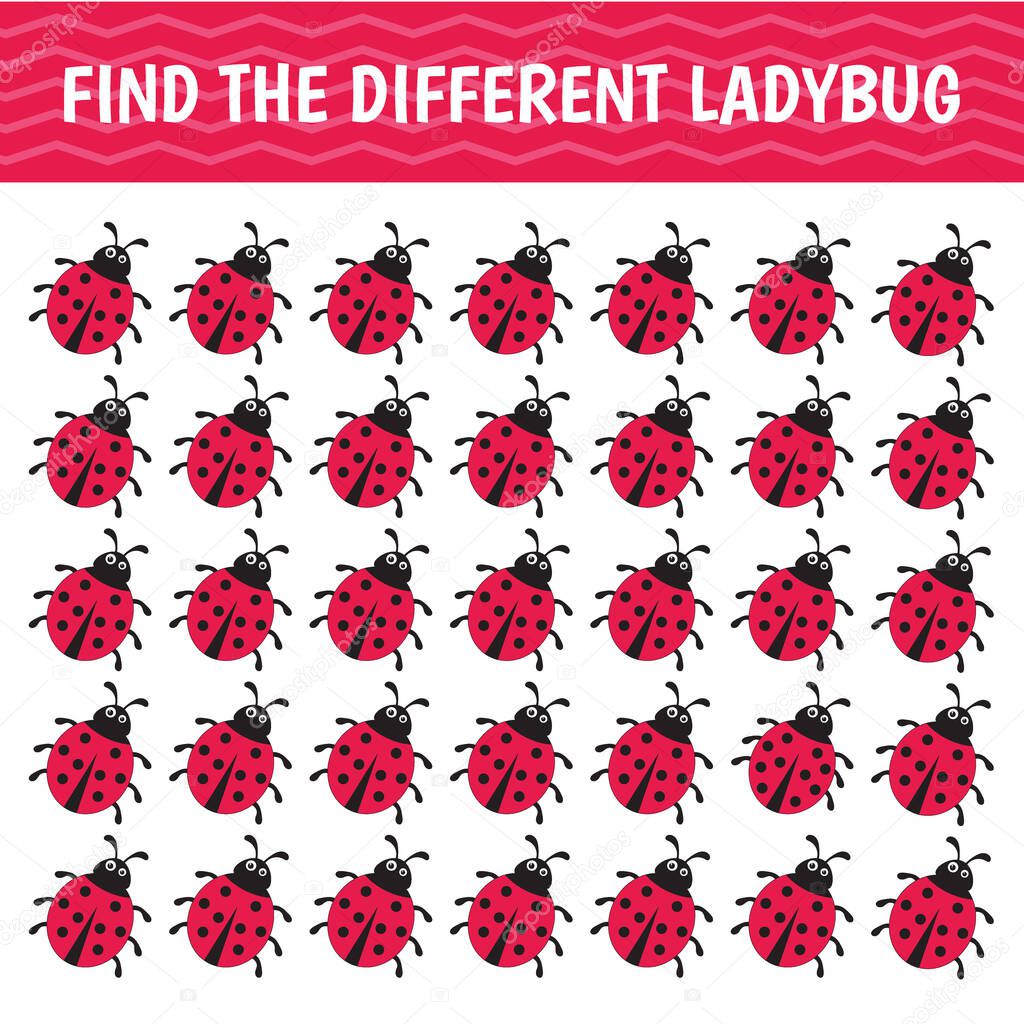 Game for kids and adults. Find a different ladybug among the same ones. Vector illustration