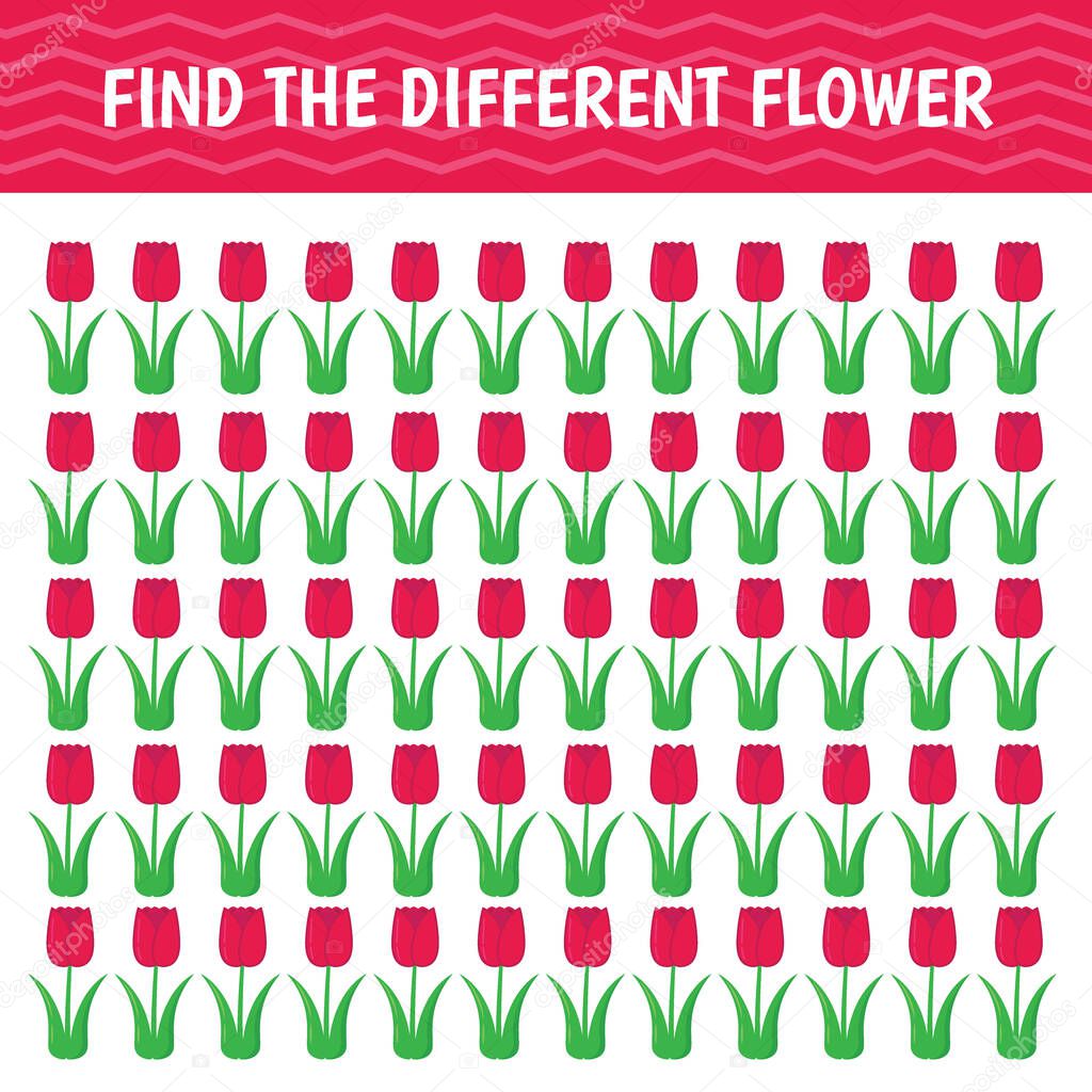 Game for kids and adults. Find a different flower among the same ones. Vector illustration