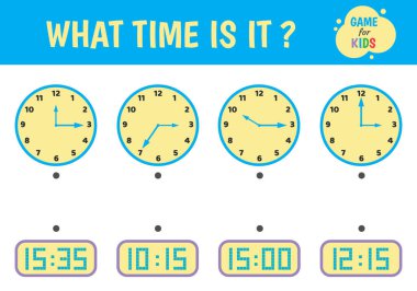 Çalışma çizelgesi çocuk saati. - Saat kaç? Çocuklar zaman, saat, dakika öğreniyor. Duvar ve elektronik saatler. Vektör illüstrasyonu.