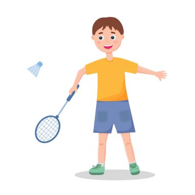 Bir çocuk badminton oynuyor. Çocuk aktivitesi, spor. Beyaz arka planda izole bir illüstrasyon. Vektör.