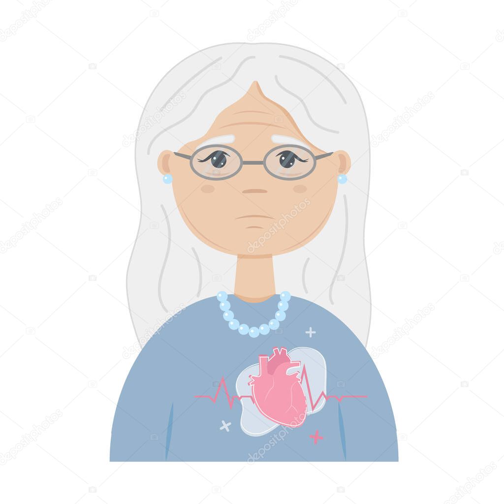 Portrait of an elderly woman on a white background. Concept of cardiology, heart disease, and heart attack. Gray-haired old lady with and a picture of a beating heart. Vector illustration.