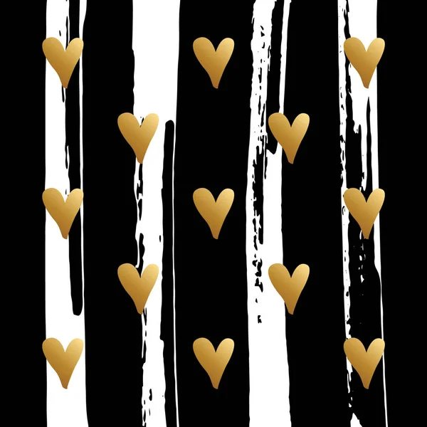 手绘心征图案 笔触背景 用于浪漫问候的创意卡片模板 金色和黑色 矢量说明 — 图库矢量图片