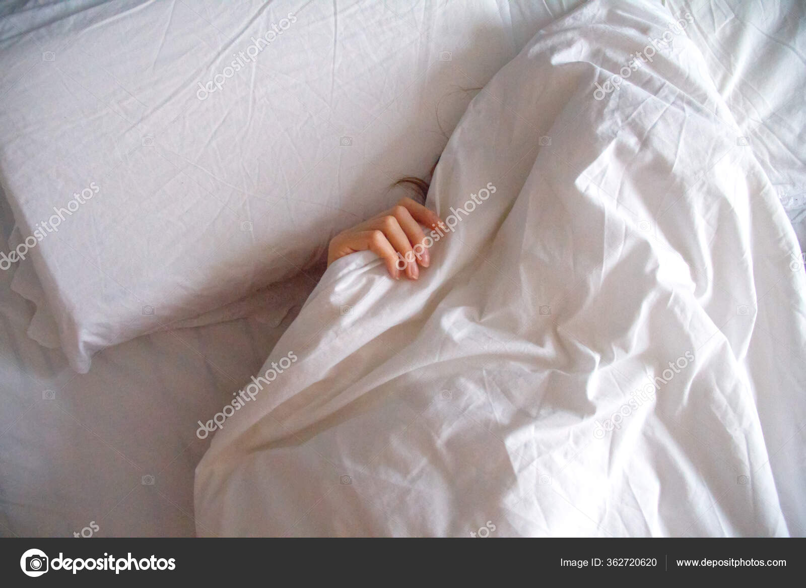 Girl Hiding White Blanket Holding Her Hand Stock Photo by ©Cowberry