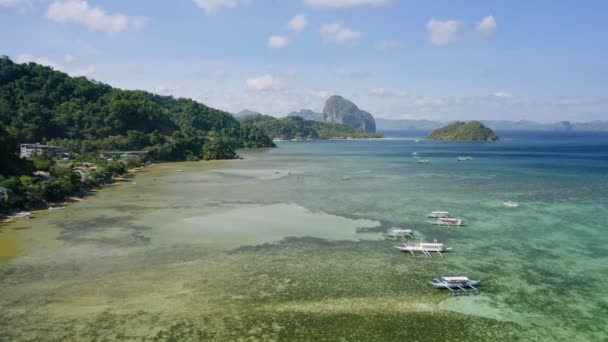 Aerial Drone View Boats Anchored Bay Clear Emerald Green Water — Stock Video