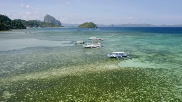 在浅水区抛锚的船只的空中无人驾驶图像清澈的翡翠绿泻湖珊瑚海滩厄尔尼诺岛菲律宾 — 图库视频影像