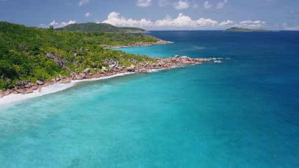 Imágenes Aéreas Increíble Costa Tropical Del Paraíso Único Digue Isla — Vídeos de Stock