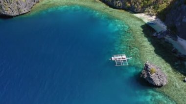 Büyük kayalıkların önünde açık mavi suların ve mercan resiflerinin üzerinde yüzen Filipinli teknelerin hava manzarası.