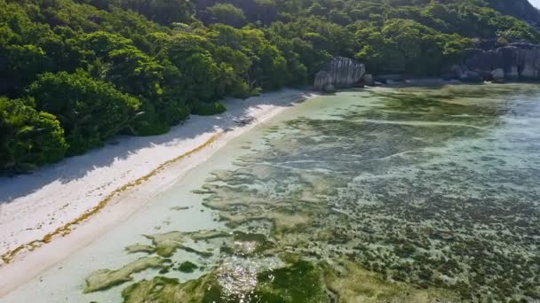 Images Aériennes Paradis Tropical Plage Anse Source Dargent Lagon Peu Clip Vidéo