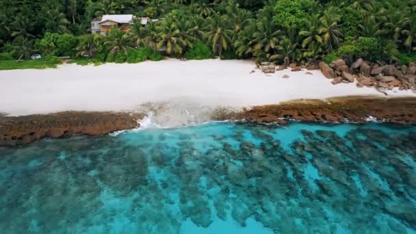 エキゾチックな熱帯砂のビーチの空中ビューサンゴ礁青い湾とマヘ島のセイシェルの海岸のヤシの木 — ストック動画