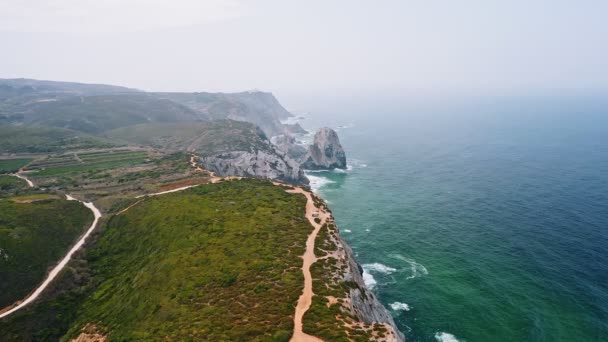 Vanuit Lucht Zicht Sintra Kustlijn Portugal Praia Adraga Strand Atlantische — Stockvideo