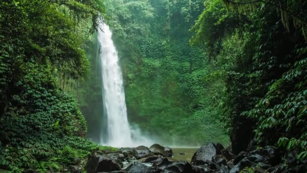 étonnante chute d'eau nungnung chute d'eau frappant la surface de l'eau quelques rochers énormes visibles en face du cadre luxuriantes feuilles vertes se déplace du vent bali indonesia 
