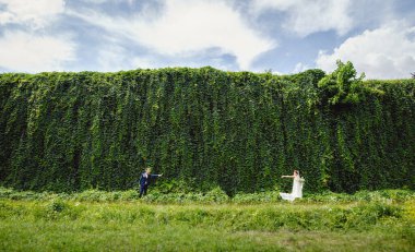 Beyaz elbiseli güzel gelin ve smokinli şık gelin düğün gününde yeşil doğa arka planında. Uzayı kopyala Metin için yer.