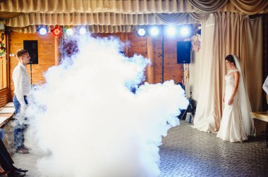 Güzel bir düğün çifti ilk dansları sırasında dumanın içinde durur. Gelin dumanın içinde dans ederken damada doğru kıvrılır. Gelin ve damat restoranda dans ediyor. Düğün çifti duman içinde dans ediyor.