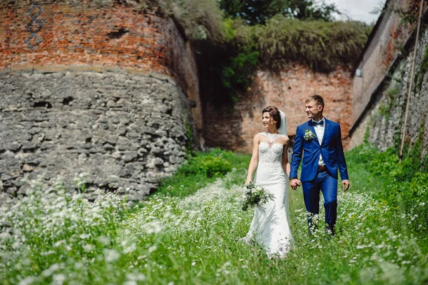 Smokinli damat ve beyaz elbiseli gelin el ele tutuşuyorlar. Eski şatonun kalıntılarının arkasında şık bir düğün çifti. Düğün gününde mutlu gelinlerin portresi.