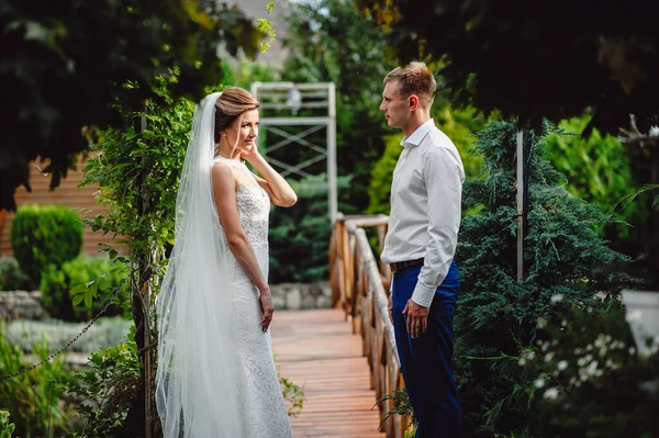 婚礼当天 时尚的新郎和美丽的新娘站在一座古老的木桥上 在公园举行的婚礼上 年轻夫妇坠入爱河 — 图库照片