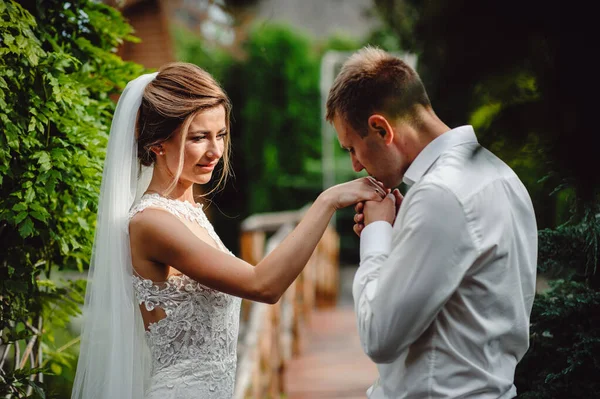 Bräutigam Küsst Braut Hand Bei Trauung Auf Grünem Naturhintergrund Aus — Stockfoto