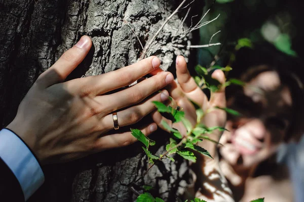 Damat Gelinin Alyanslı Eli Yaklaşın Karısının Eli Kocanın Elinde — Stok fotoğraf