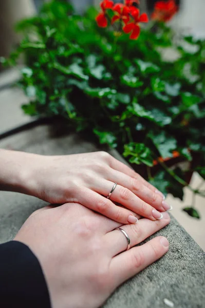 Huwelijksringen Achtergrond Bruid Bruidegom Hand Hand Pasgetrouwd Stel Verliefd Trouwdag — Stockfoto