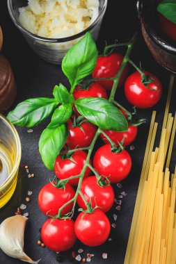 İtalyan pasta malzemeler. Domates, spagetti makarna, sarımsak, mantar, fesleğen, zeytinyağı, mozzarella ve baharat karanlık grunge zemin üzerinde