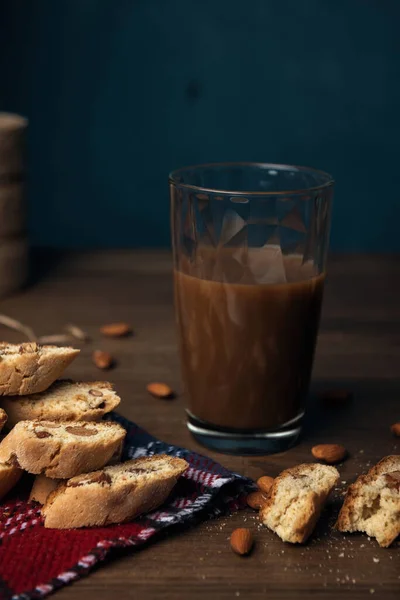 Homemade Italian Cookies Cantuccini Checkered Napkin Almond Seeds Glass Cocoa — стокове фото