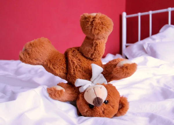 Funny Fluffy Bear Stands Upside White Bed — Stock Photo, Image