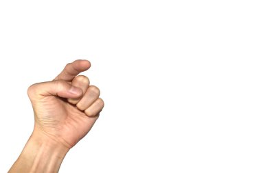 Adamın eli yerin kendisini gösterdi. Beyaz arkaplanda el işareti izole edildi.