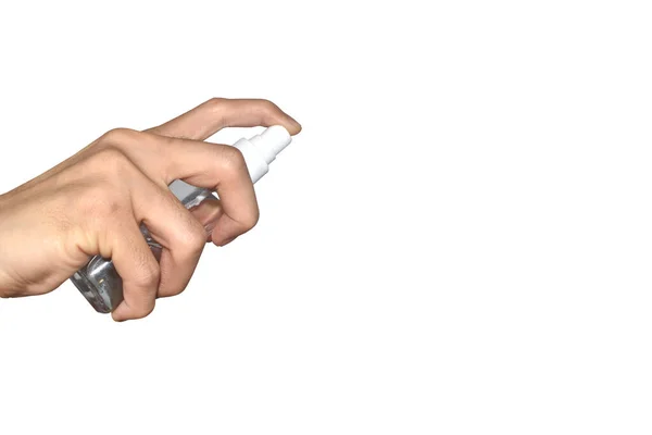 Adamın eli yerin kendisini gösterdi. Beyaz arkaplanda el işareti izole edildi.