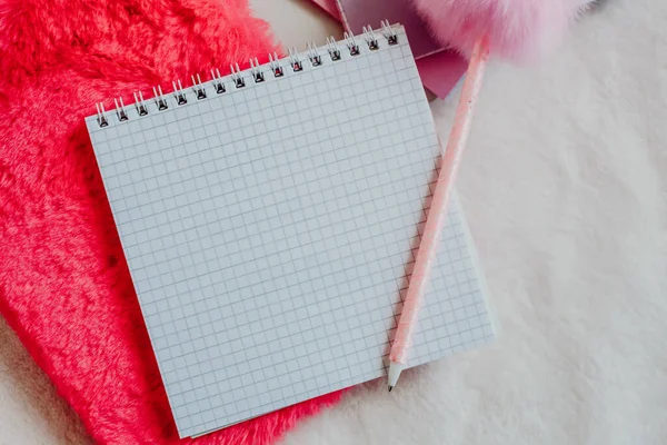 on the table are, a red fluffy notebook, an open notebook in a cage, for notes, the educational process, the educational background, light background, stay home, for students