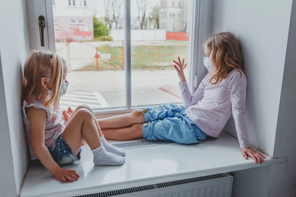 Upset White Girls Sad Quarantine Wearing Masks — Stock Photo, Image