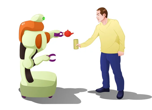 Droid robot serving drink to man — Stock Photo, Image