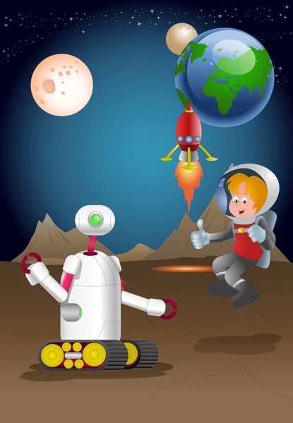 Robot droide guardia astronave maschio esplorare pianeta — Foto Stock